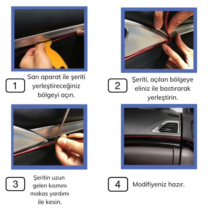 Şerit Bant 5 Metre Araba OtoTrim Dekorasyon Şeridi Kauçuk Elastik Pratik Montaj Mavi