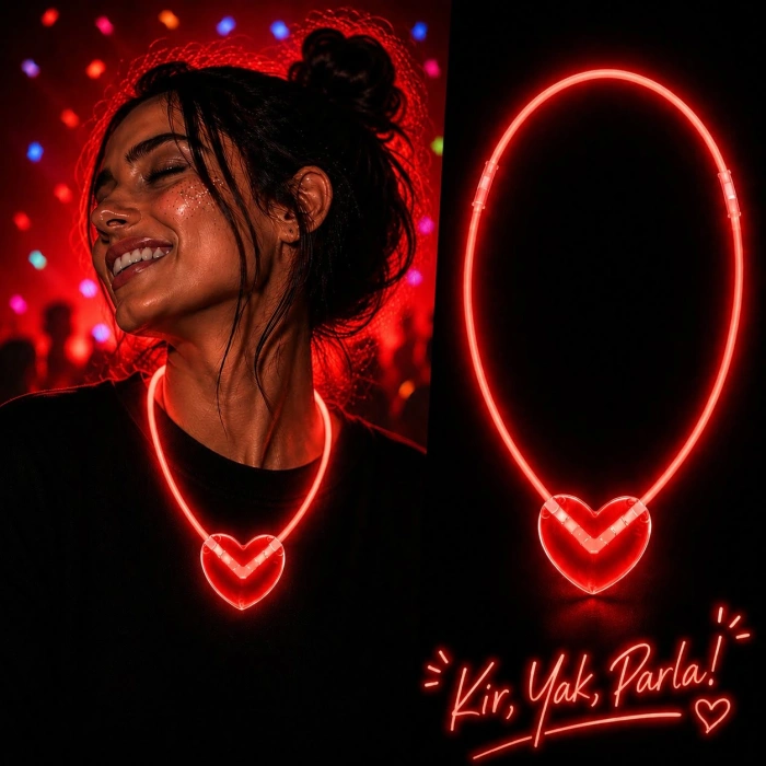 Neon Işıklı Fosforlu Kalp Parti Kolyesi Kırmızı Renk