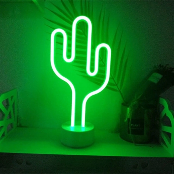 Neon Işıklı Kaktüs Masa Gece Lambası Pil ve Usb