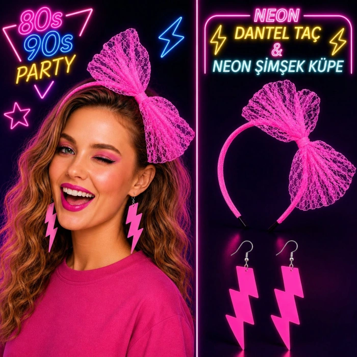 Neon Pembe Dantel Taç ve Şimşek Küpe 80ler 90lar Parti Seti