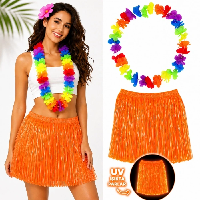 Neon Turuncu Hawaii Etek 40 cm ve Rengarenk Hawaii Kolye