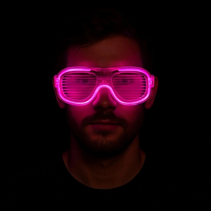 Pembe Led Işıklı Parti Gözlüğü - Neon Glow Şerit Gözlük 3 Modlu