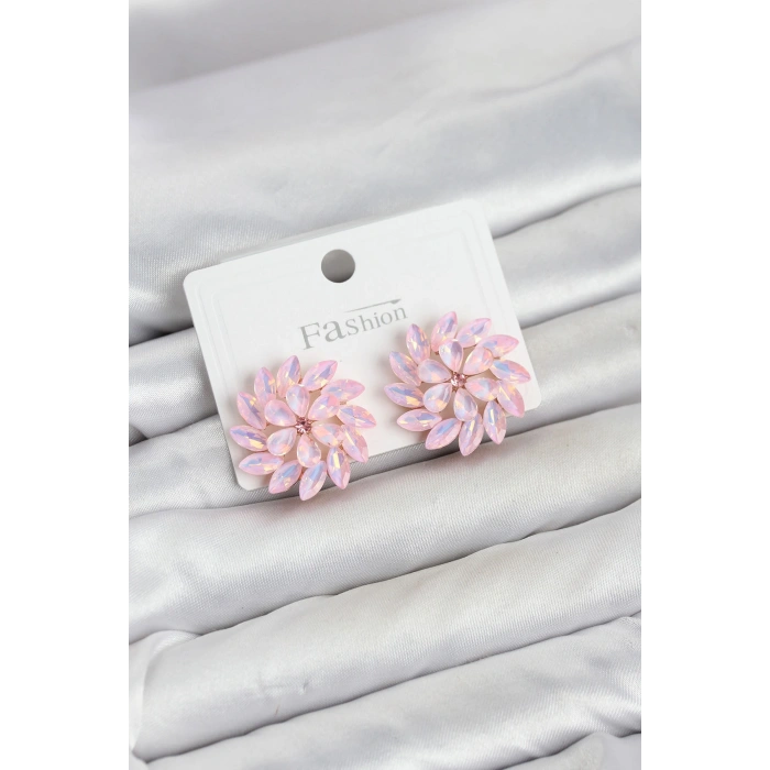 Pembe Renk Kristal Taşlı Çiçek Model Kadın Küpe TJ-BKP11919