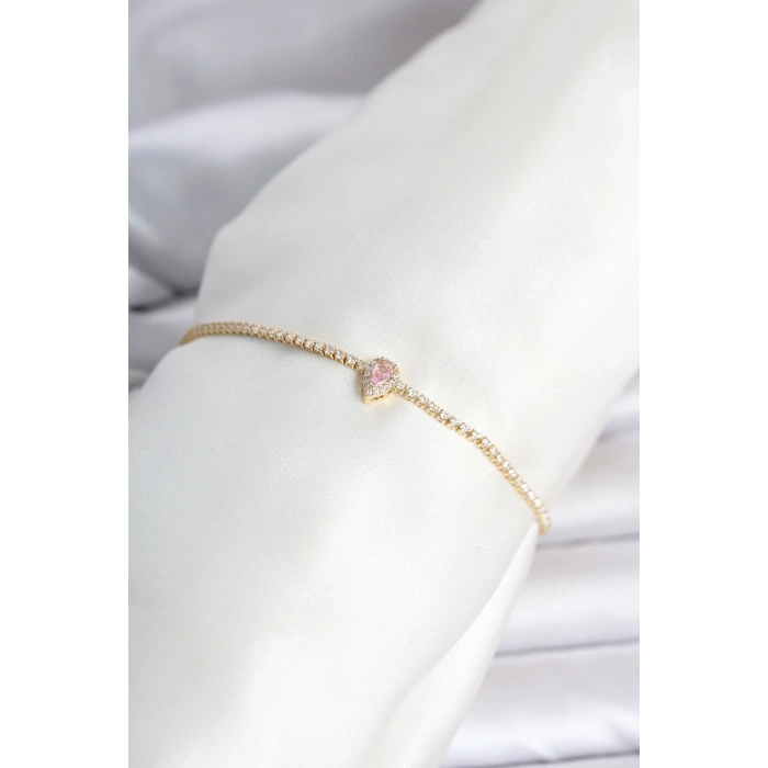 Pirinç Gold Renk Pembe Damla Model Su Yolu Kadın Bileklik TJ-BB8477