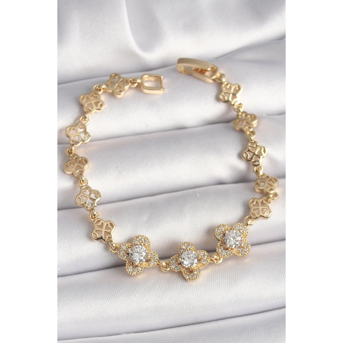 Pirinç Gold Renk Zirkon Taşlı Yonca Model Kadın Bileklik TJ-BB6812