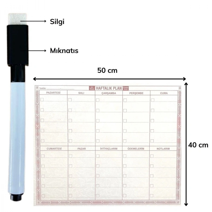 Kalemli Haftalık Planlayıcı 40cm 50cm Kendinden Yapışkanlı Şeffaf