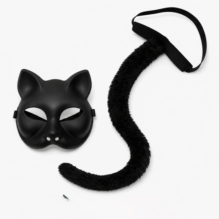 Siyah Kedi Maskesi ve Peluş Kuyruk Kostüm Seti 70 cm