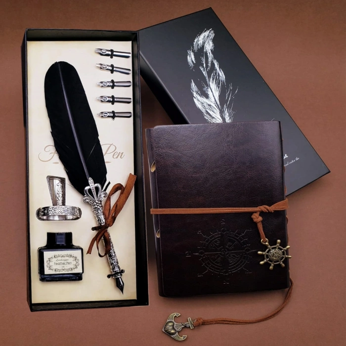 Tüylü Kalem ve Deri Defter Set 646