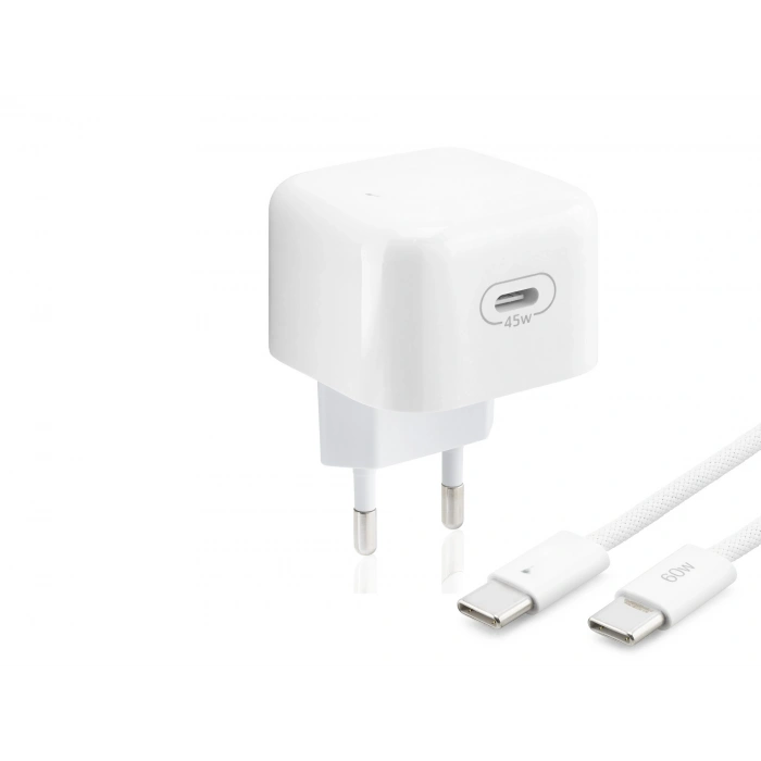 Type-c Hızlı Şarj Seti 45W Type-c Adaptörlü 1 M Örgülü Kablolu Beyaz ND1014