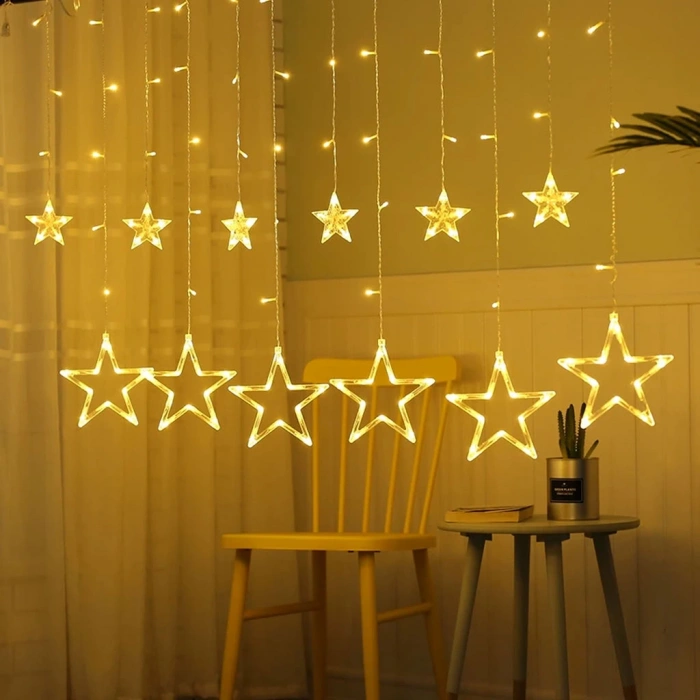 Yıldız Sarkıtlı Perde LED Aydınlatma - 3m Genişlik, 8 Modlu, Günışığı Renk,Ev Süsleme Işığı