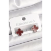 Pirinç Gümüş Renk Bordo Yonca Model Kadın Küpe TJ-BKP10359