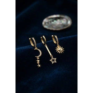 3 lü Set Ay Yıldız ve Güneş Model Gold Renk Kadın Küpe TJ-BKP11958