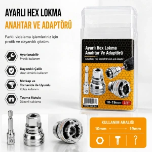 Ayarlı Hex Lokma Anahtar ve Matkap Adaptörü (10-19mm 3/8 Inc )