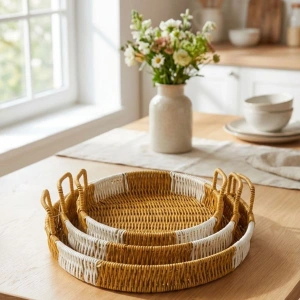 Rattan Tepsi Seti İç İçe Geçebilen Yuvarlak Plastik Çift Hasır Görünümlü Farklı Kullanım Alanlarına Uygun Servis ve Sunum Tepsileri Renkli
