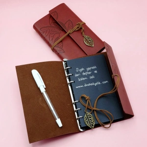 Kahverengi Siyah Yapraklı Deri Defter Ve Beyaz Jel Kalem Set