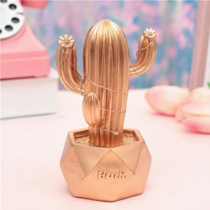 Gece Lambası LED Aydınlatmalı Kaktüs Dekor Amaçlı Masa Lambası Küçük Boy Biblo Gold