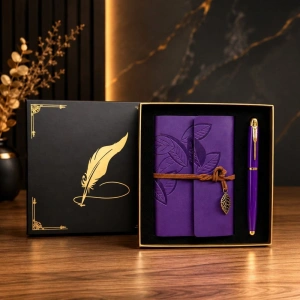 Mor Yaprak Desenli Deri Defter Ve Roller Metal Kalem