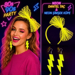 Neon Sarı Dantel Taç ve Şimşek Küpe 80ler 90lar Parti Seti