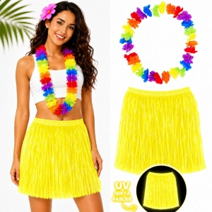 Neon Sarı Hawaii Etek 40 cm ve Rengarenk Hawaii Kolye