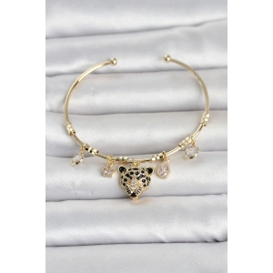 Pirinç Gold Renk Leopar Detaylı Charmlı Kadın Bileklik TJ-BB8490