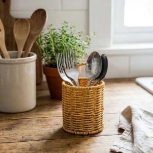 Mutfak Düzenleyici Yuvarlak Hasır Dokulu Plastik Rattan Kaşıklık ve Çatallık Askılı Otomatik Tutmalı Farklı Kullanım Alanlarına Uygun
