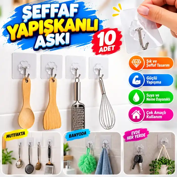 Şeffaf Kendinden Yapışkanlı Askı 10 Adet