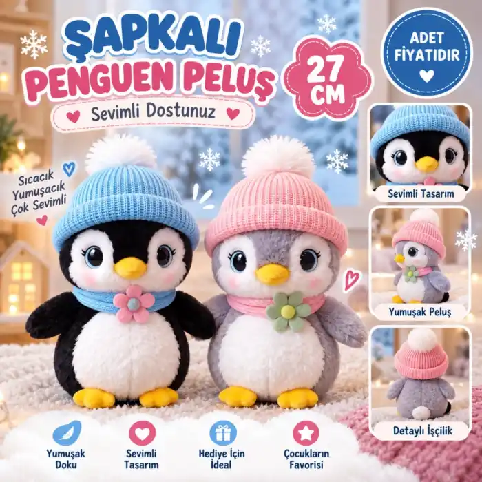 Şirin Şapkalı Penguen Peluş 27 cm Çocuklar İçin
