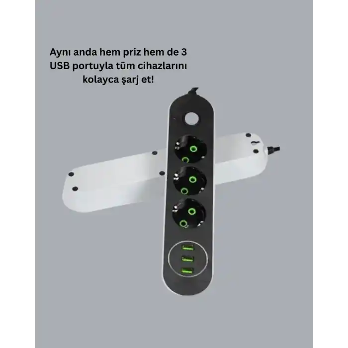 Kablolu Üçlü Priz 2 Metre 3 USB Portlu Anahtarlı