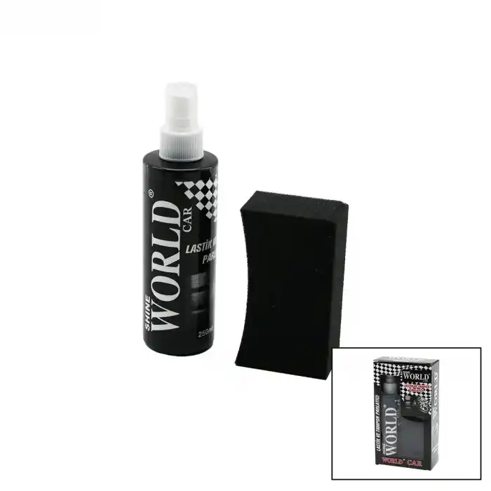 TCX SHINE WORLD CAR  LASTİK - TAMPON  PARLATICI SPREY SETİ  PLASTİK ŞİŞE   250ML ± %10 PARLATMA SÜNGERİ