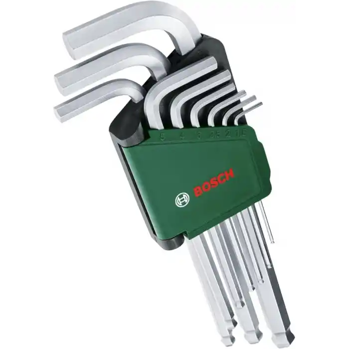 Bosch Alyan anahtar seti, 9 parça (çok yönlü görevler için küre başlı; yüksek kaliteli S2 çelik; 1,5 – 10 mm; uzun model; saklama klipsi)