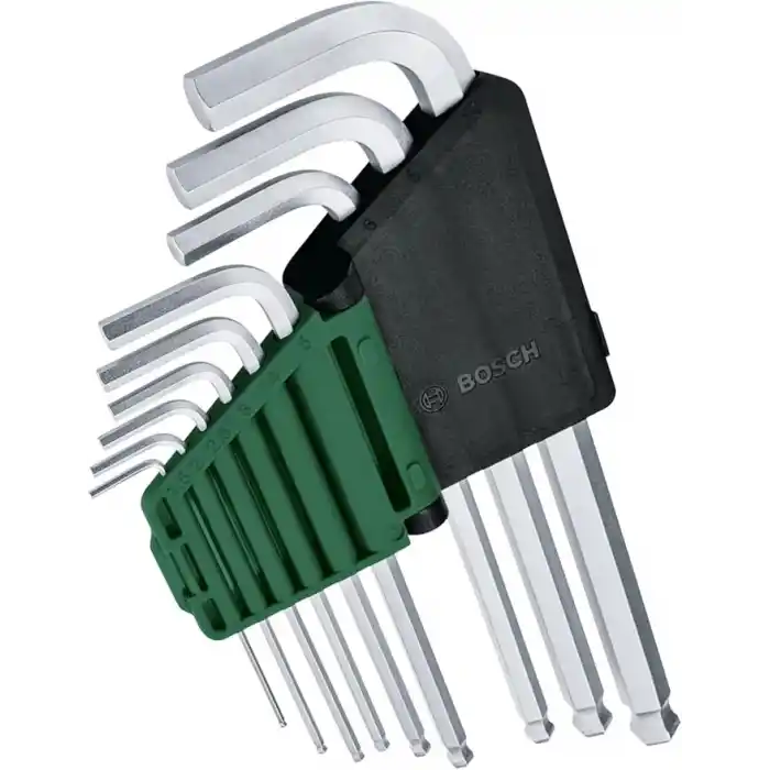 Bosch Alyan anahtar seti, 9 parça (çok yönlü görevler için küre başlı; yüksek kaliteli S2 çelik; 1,5 – 10 mm; uzun model; saklama klipsi)