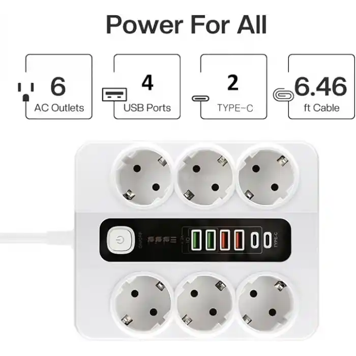 HP-H04 Termal Akım Korumalı 3000W 3.6 Amper 6 lı Priz 2 Metre Uzatma Kablosu Çoklu Priz 4 Usb 2 Type C PD Girişli Hızlı Şarj İstasyonu