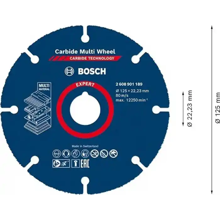 Bosch 1x EXPERT Carbide Multi Wheel Kesici Diskler (Sert ahşap, Çivili ahşap, Plastik, Alçıpan panel, Ø 125 mm, Aksesuar Küçük Avuç Taşlama Makinesi)