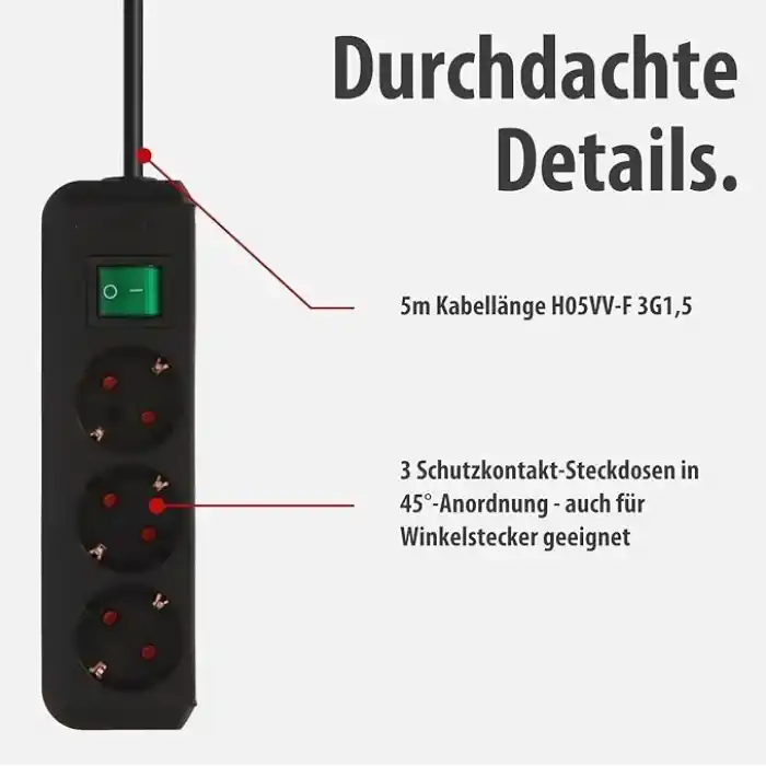 Brennenstuhl Eco-Line 3Lü Priz (Çocuk Emniyetli Priz, Şalter Ve 5 M Kablo), Siyah, 1152900, 230