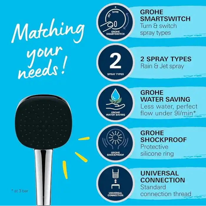 GROHE Vitalio Comfort 110 El Duşu, 2 Akışlı (Yağmur & Jet), SmartSwitch, 110mm Kare Duş Başlığı, Düşmeye Dayanıklı Silikon Halka, Kireç Önleyici Sistem, Krom, 26397001