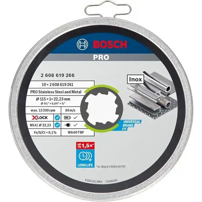 Bosch Professional 10 Adet Düz Kesme Diski Standart (Inox, X-LOCK, Ø115 mm, Delik Çapı: 22,23 mm, Kalınlık: 1 mm), Ø 115 mm