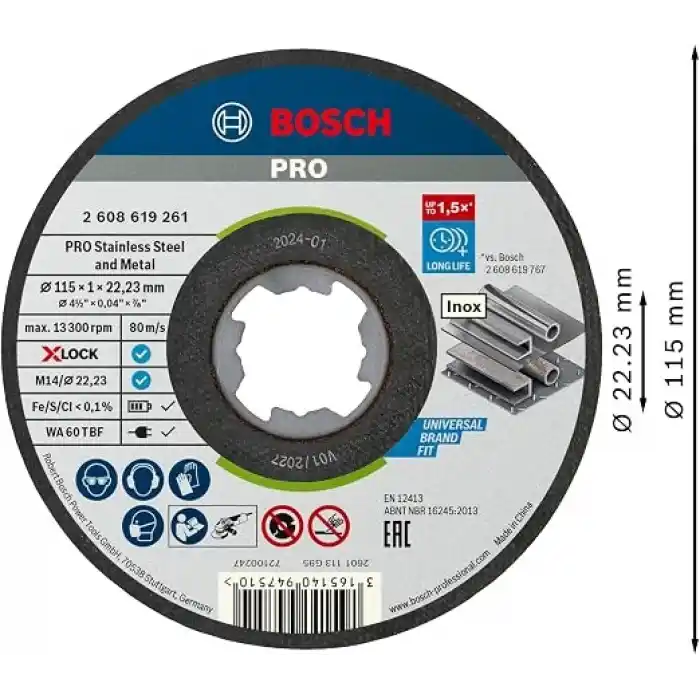 Bosch Professional 10 Adet Düz Kesme Diski Standart (Inox, X-LOCK, Ø115 mm, Delik Çapı: 22,23 mm, Kalınlık: 1 mm), Ø 115 mm
