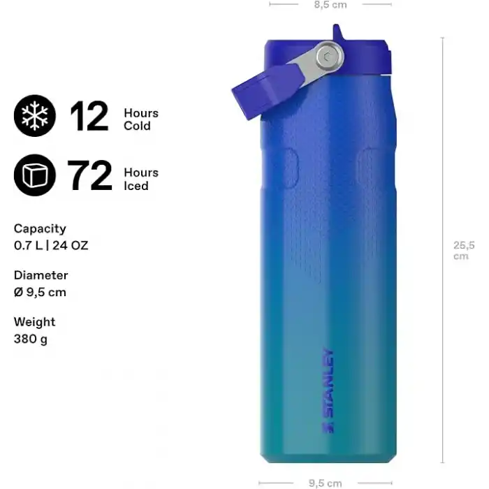 STANLEY IceFlow™ Aerolight™ Flip Straw 2.0 Pipetli Termos Su Şişesi 0.7 Litre - Pacific Hypergrip | Paslanmaz Çelik