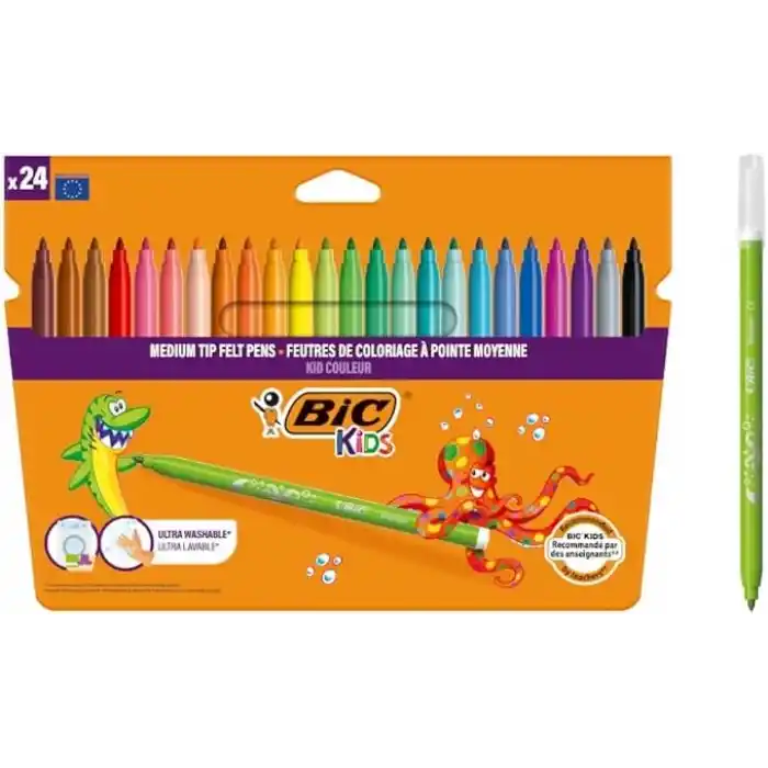 BIC Kids Kid Couleur Ultra Yıkanabilir Keçeli Boya Kalemi 24 Renk, Kolayca Çoğu Kumaştan Çıkar, Su Bazlı Keçeli Kalem