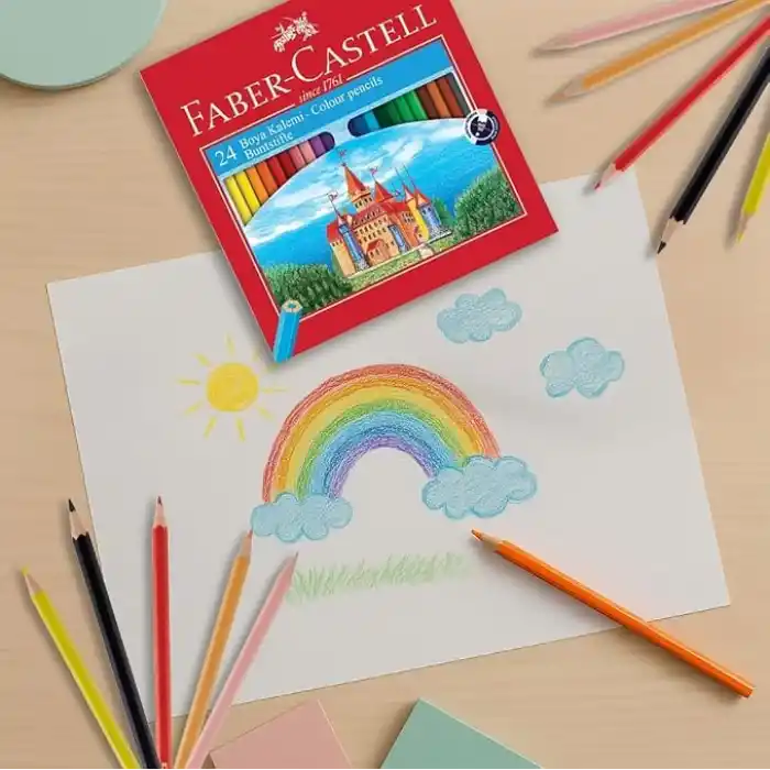 Faber-Castell Karton Kutu Boya Kalemi, 24 Renk, Yumuşak ve Canlı Renkler, Kolay Açılır, Kırılmaya Dayanıklı Uçlar, Uç Kırılmasına Karşı Dayanıklılığı Artıran Özel Yapıştırma Sistemi