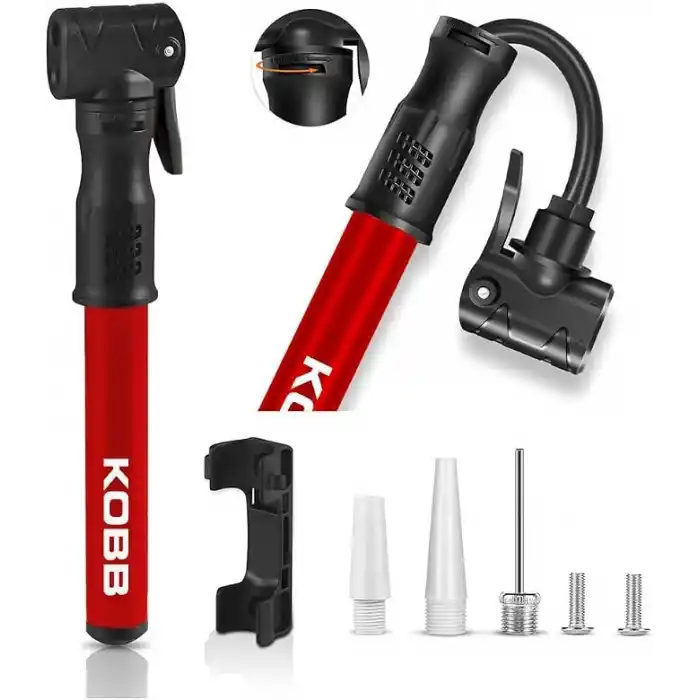 KOBB KB2203 87 PSI Bisiklet Lastik Şişirme Taşınabilir Mini El Pompası ve Bisiklet Montaj Aparatı, Kırmızı/Siyah