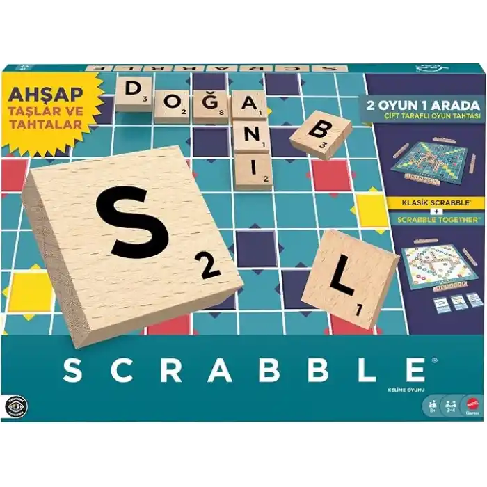 Mattel Games Scrabble kutu oyunu, aileyle birlikte kelime bulma eğlencesi, ahşap harf taşları ve taş tahtaları, iki oyun seçeneği, Türkçe, JLJ64