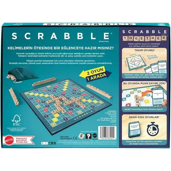 Mattel Games Scrabble kutu oyunu, aileyle birlikte kelime bulma eğlencesi, ahşap harf taşları ve taş tahtaları, iki oyun seçeneği, Türkçe, JLJ64
