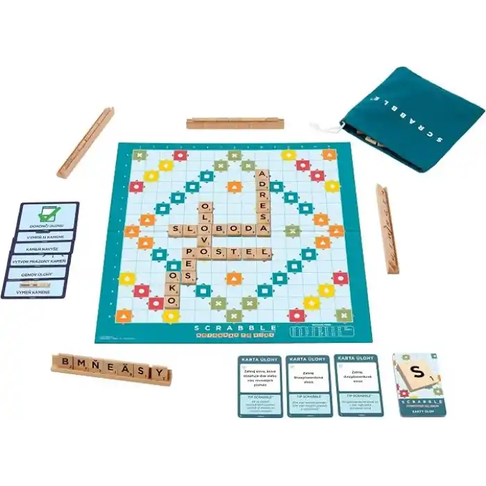 Mattel Games Scrabble kutu oyunu, aileyle birlikte kelime bulma eğlencesi, ahşap harf taşları ve taş tahtaları, iki oyun seçeneği, Türkçe, JLJ64