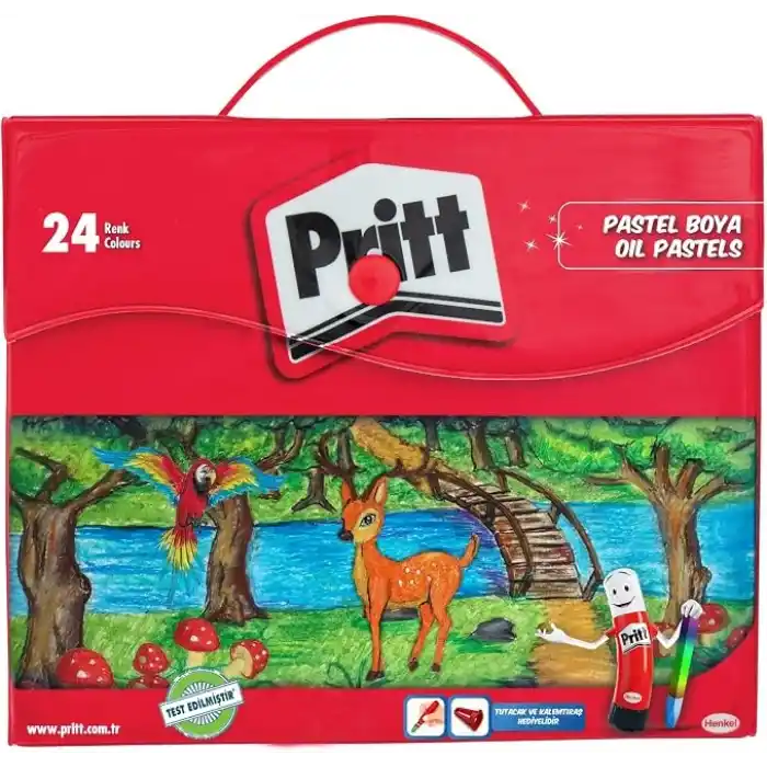 Pritt Pastel Boyalar, canlı renkler ve rahat uygulamalı pastel boya, yumuşak çocuk boyası, kolay kullanımlı resim boyası, dayanıklı kırtasiye malzemesi, Çantalı 24 Renk Pastel Boya