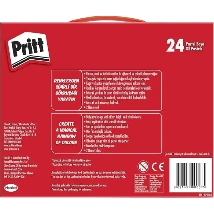 Pritt Pastel Boyalar, canlı renkler ve rahat uygulamalı pastel boya, yumuşak çocuk boyası, kolay kullanımlı resim boyası, dayanıklı kırtasiye malzemesi, Çantalı 24 Renk Pastel Boya