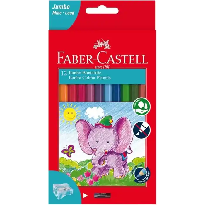 Faber-Castell Jumbo Boya Kalemi, 12 Renk, Kalın Gövde ve Uç, Kırılmaya Dirençli Özel Yapıştırma Sistemi, Kolay Açılır, Çocuklar İçin Güvenli