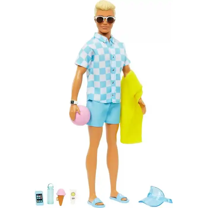 Barbie Bebek ve Aksesuarlar Deniz şortu ve plaj temalı aksesuarları olan sarışın Ken bebek HPL74