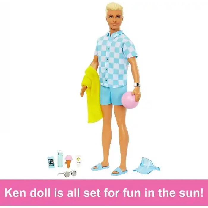 Barbie Bebek ve Aksesuarlar Deniz şortu ve plaj temalı aksesuarları olan sarışın Ken bebek HPL74