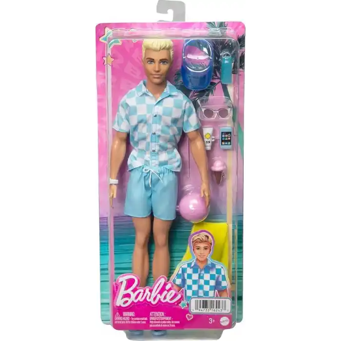 Barbie Bebek ve Aksesuarlar Deniz şortu ve plaj temalı aksesuarları olan sarışın Ken bebek HPL74